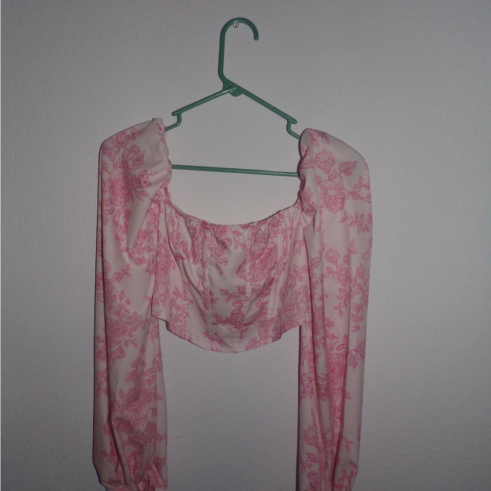 SHEIN Pink and White Ruched Crop Blouse